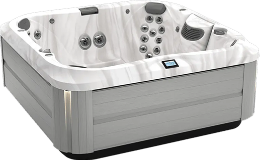 Jacuzzi J-385 modern white hot tub with multiple jets.