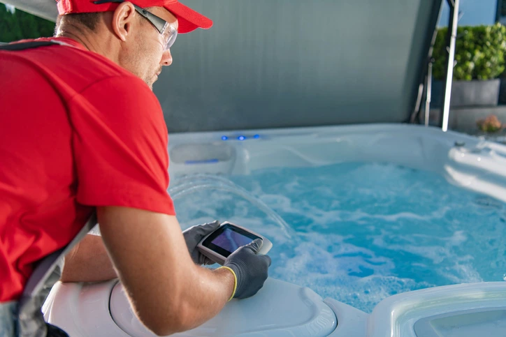  technician fixing hot tub - beachcomber hot tub troubleshooting